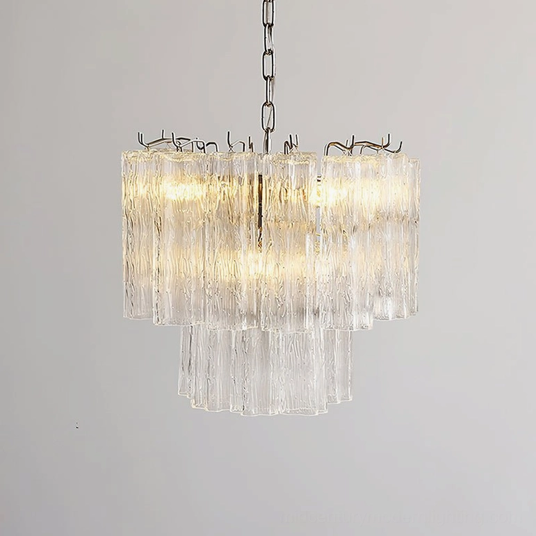 Clear fluted glass tiered chandelier in minimalist contemporary home setting