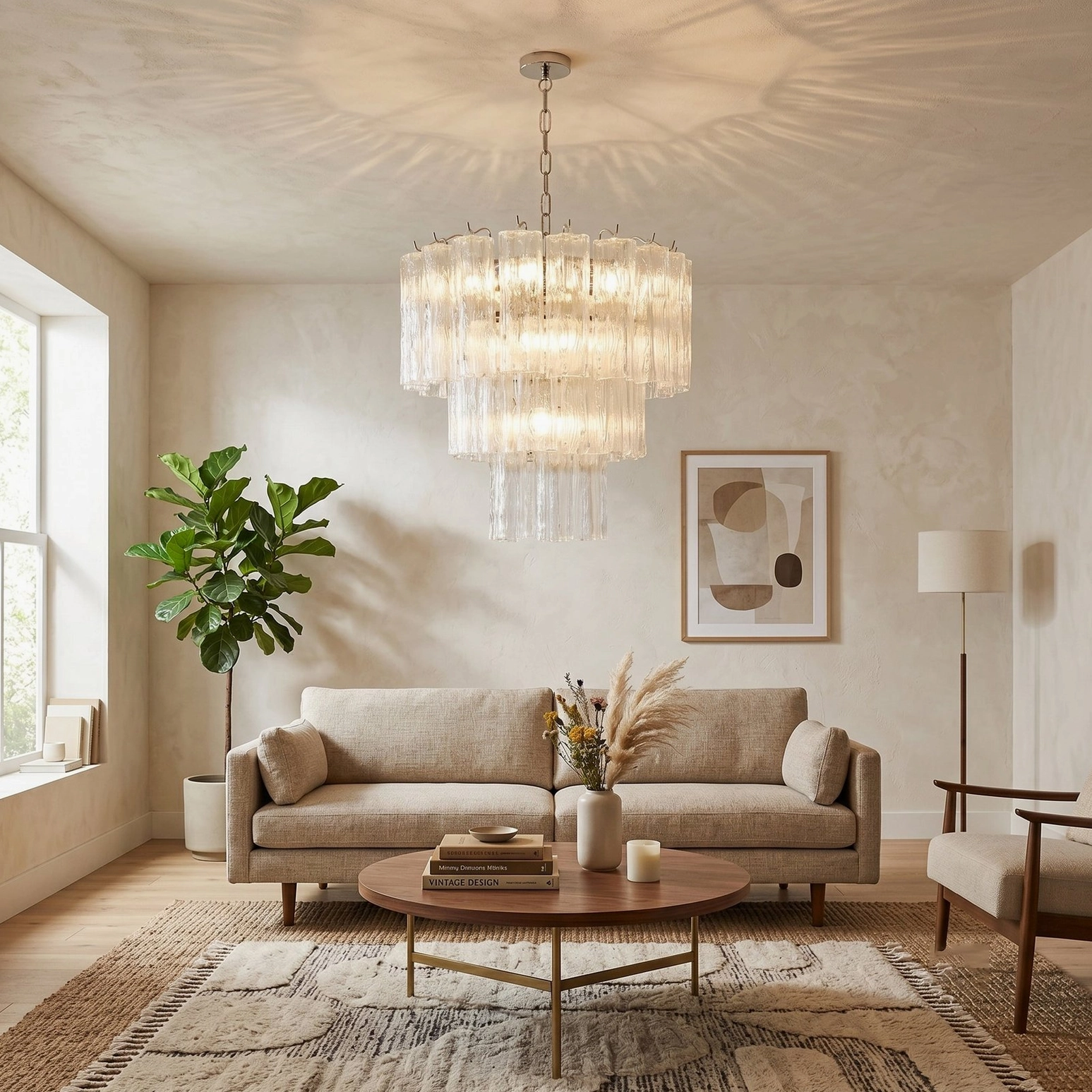 Clear ribbed glass tiered chandelier in contemporary minimalist living room
