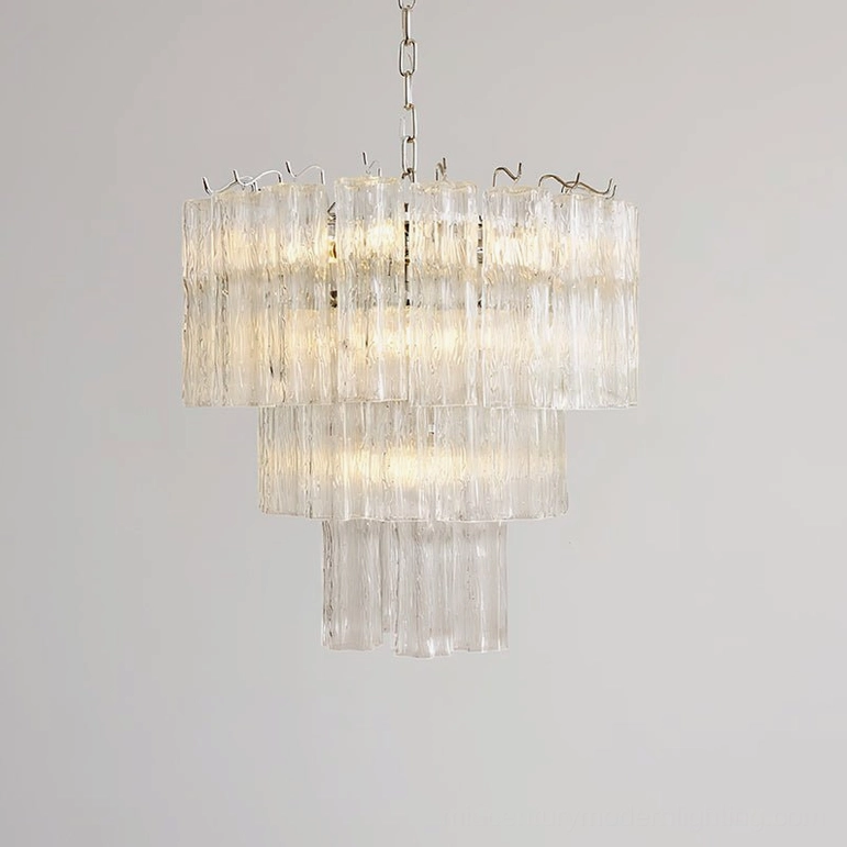 Clear ribbed glass chandelier three-layer configuration showcasing light refraction