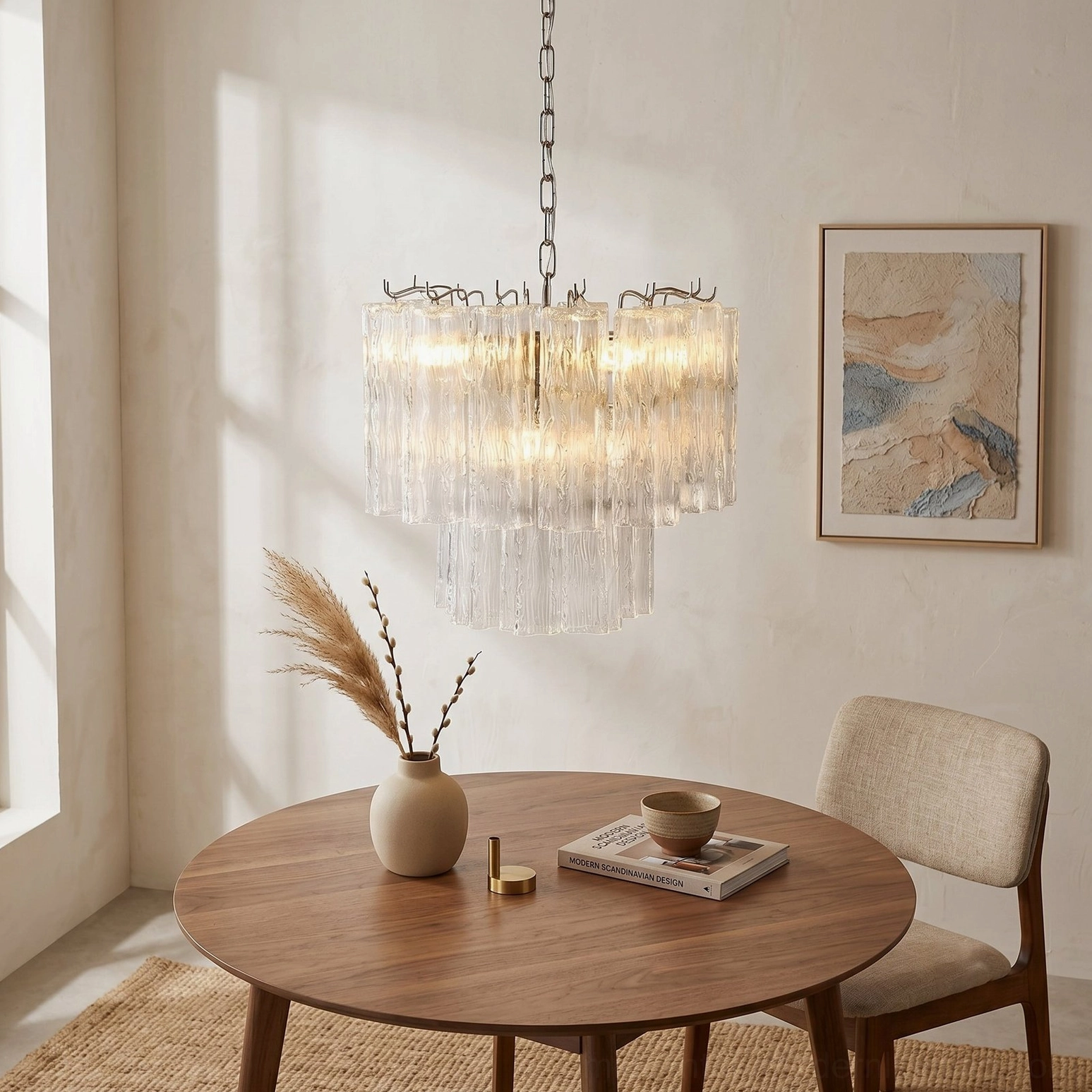 Crystal-clear two-layer glass chandelier in minimalist wooden dining nook