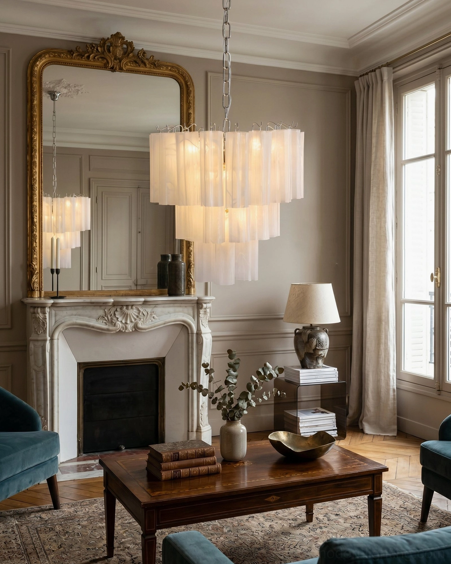 Cream-colored tiered glass chandelier in classic formal living room with fireplace