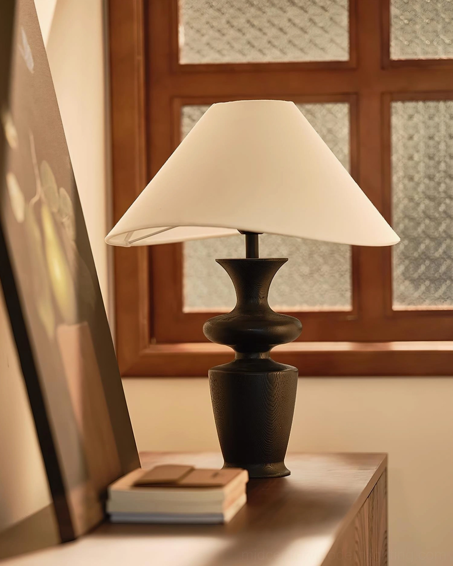 Close-up detail of Rhodes lamp showing asymmetrical fabric shade and organic curved wooden base