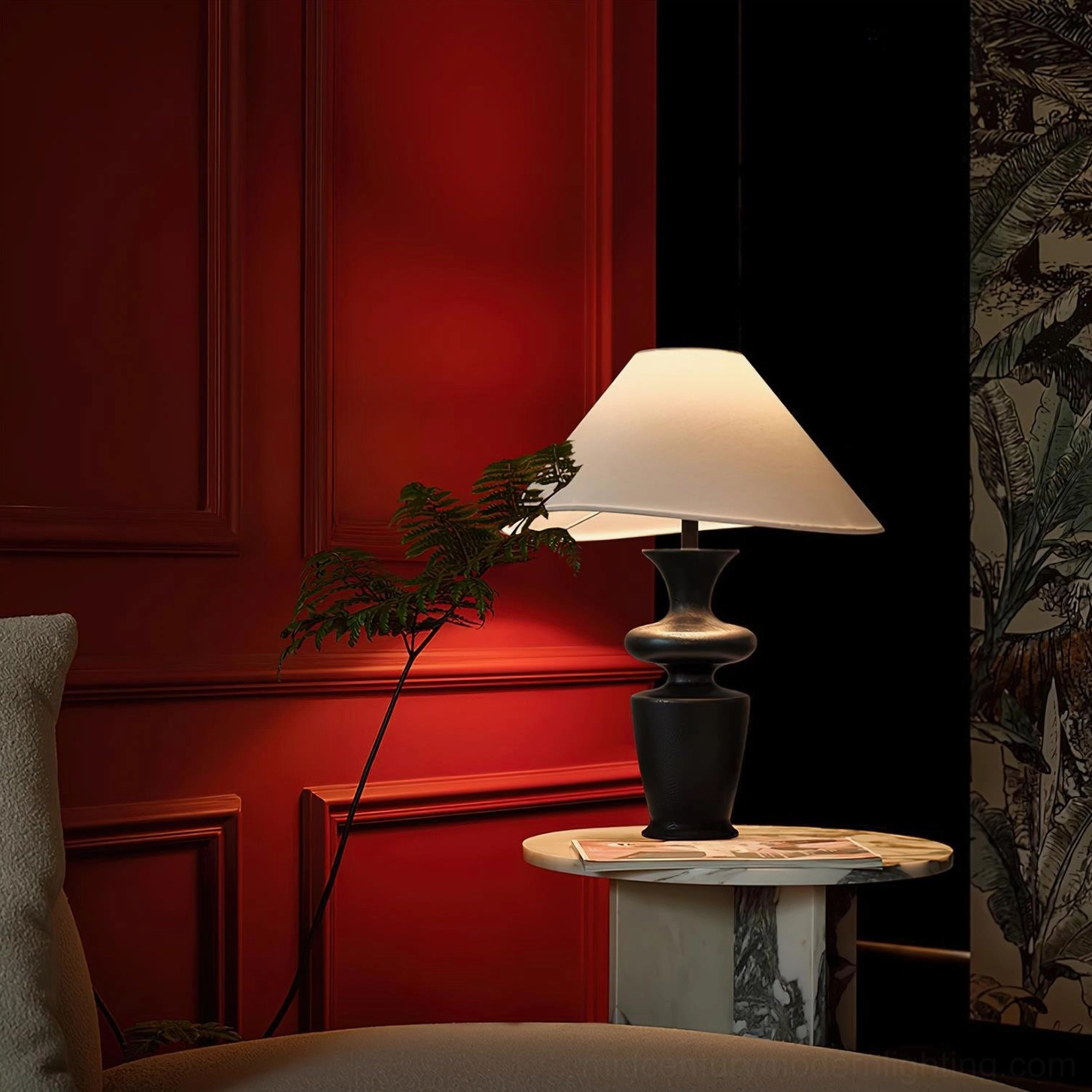 Rhodes modern table lamp with curved wooden base and fabric shade in minimalist interior styling