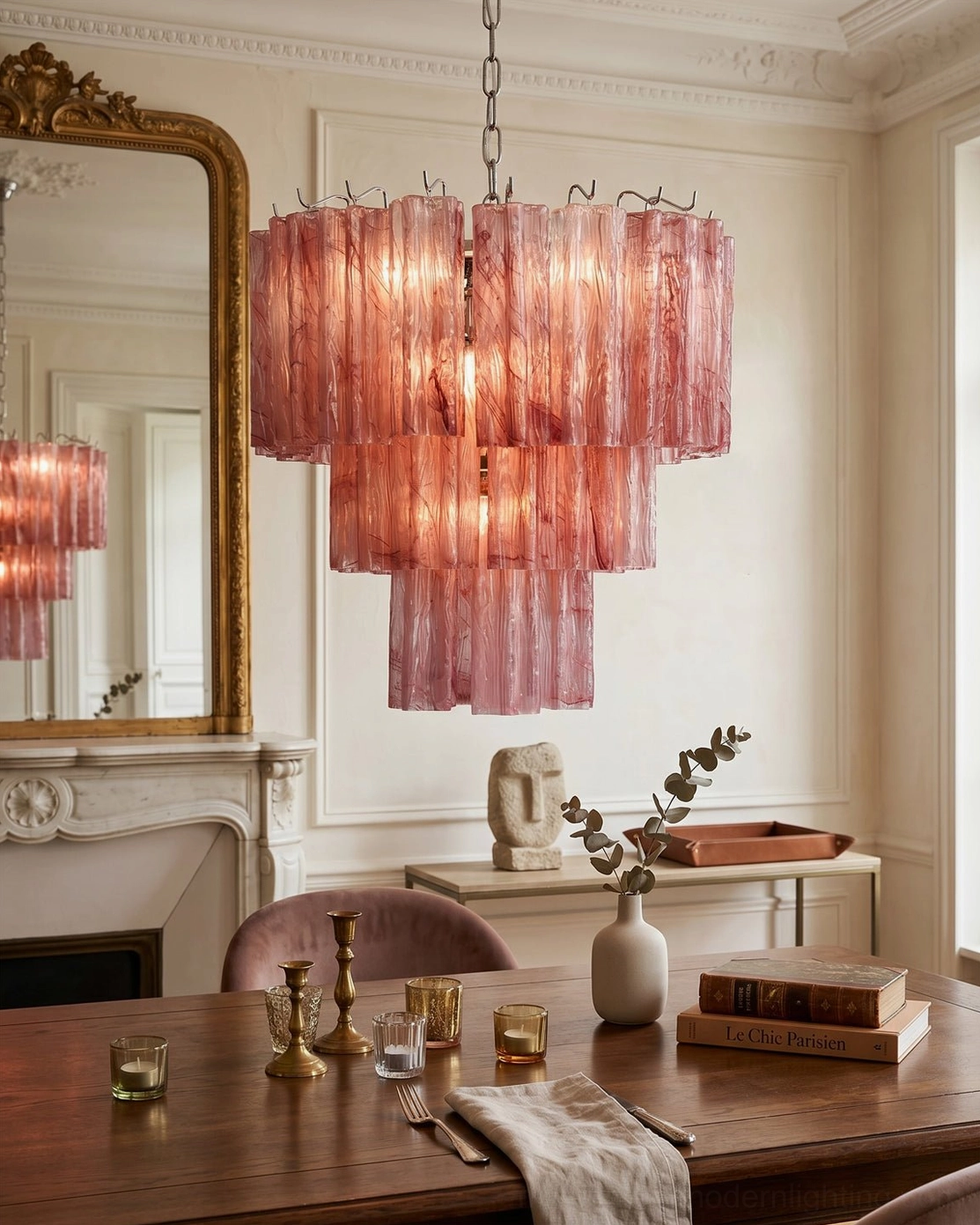 Light pink fluted glass chandelier in formal vintage dining room with ornate gold mirror
