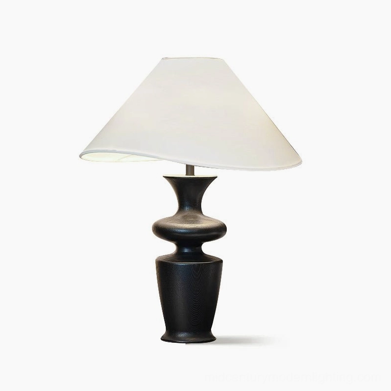 Rhodes mid-century modern table lamp Black and White finish with sculptural wood base and asymmetrical fabric shade - product view