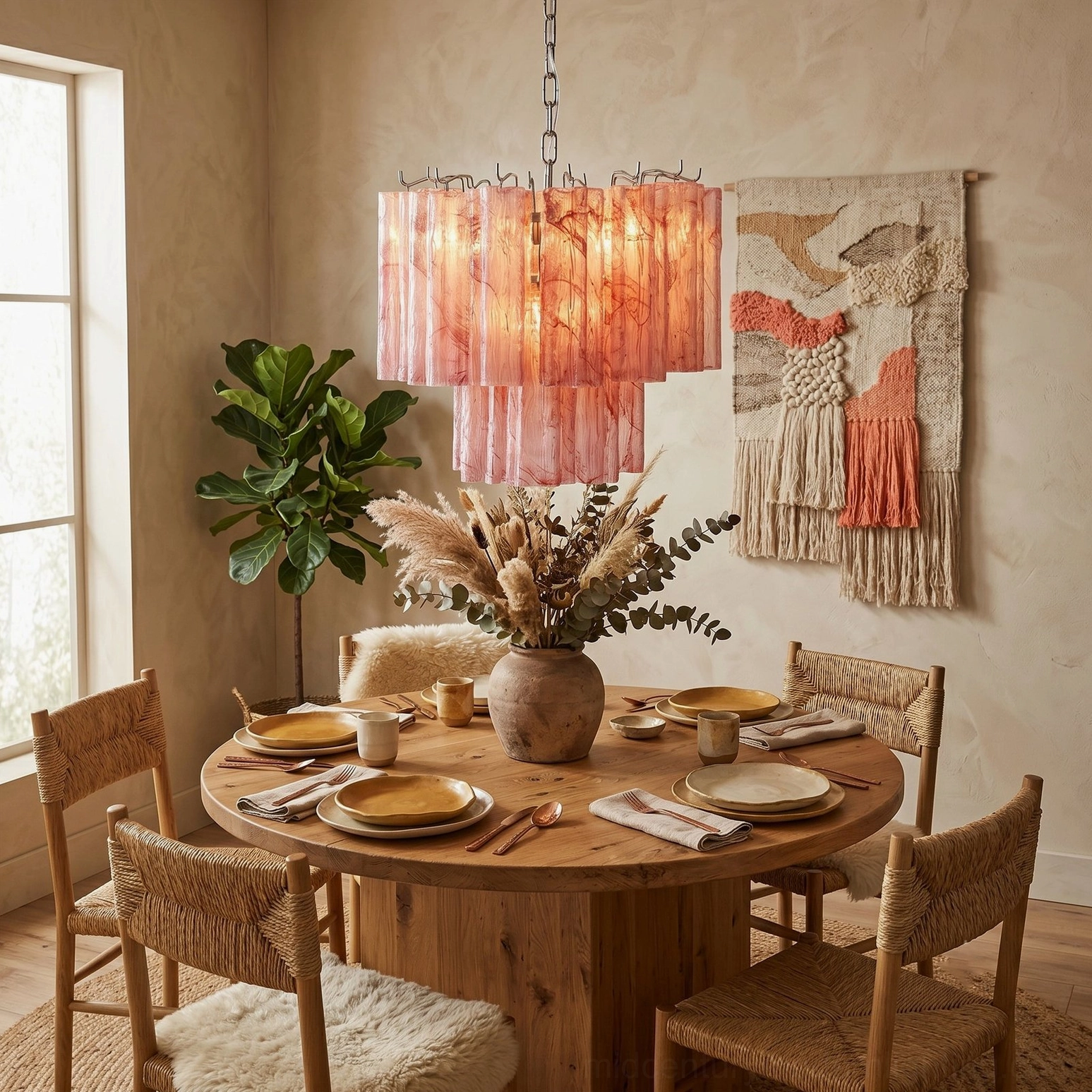 Soft pink tiered glass chandelier in rustic farmhouse dining space with macramé decor