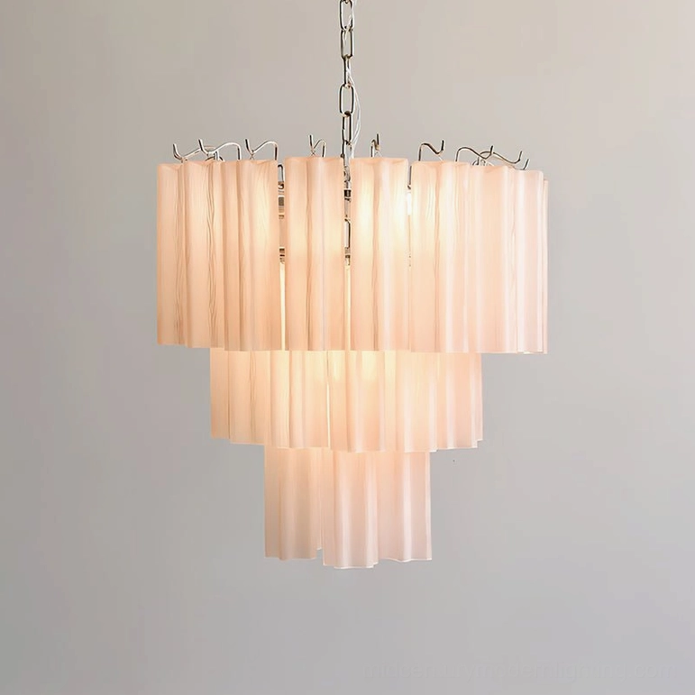 Pink tiered glass chandelier in sophisticated interior styling display
