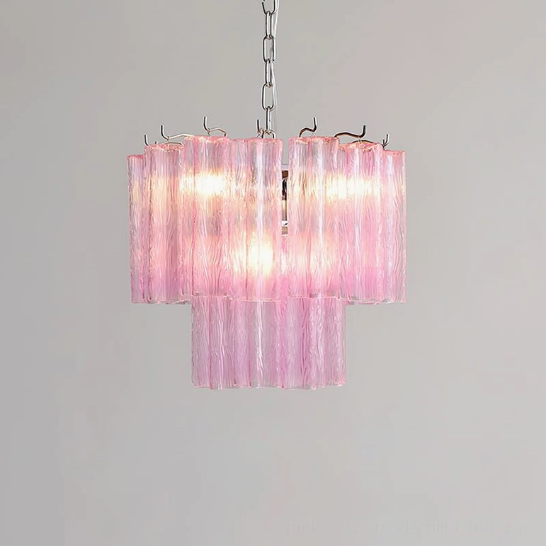 Two-layer light pink glass chandelier artistic composition showcasing ribbed texture