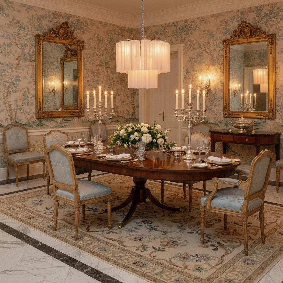 Off-white frosted glass chandelier in formal dining room with vintage ornate mirrors