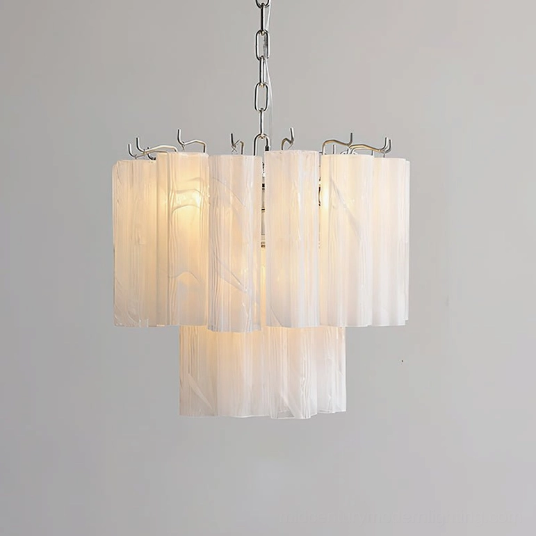 White fluted glass chandelier installed in ceiling showing proportional spacing