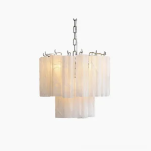 Rhodes tiered glass chandelier in white, frontal studio view with minimalist aesthetic