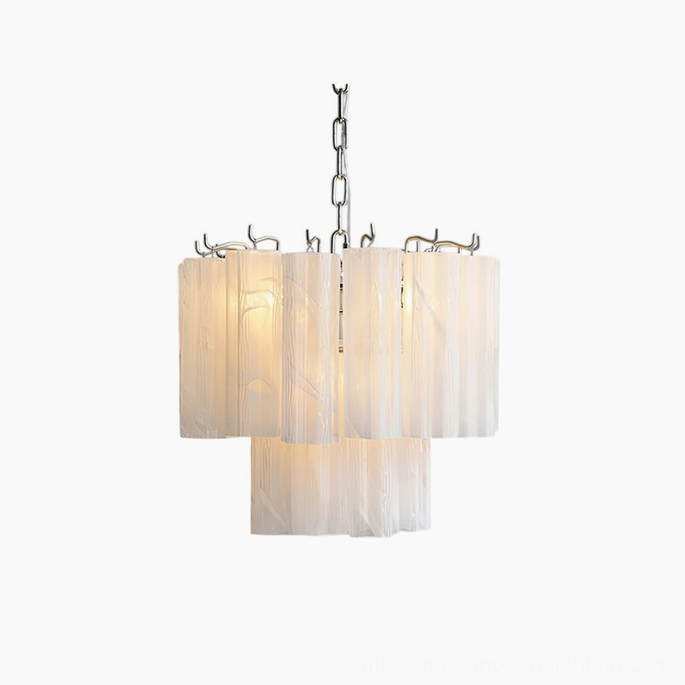Rhodes tiered glass chandelier in white, frontal studio view with minimalist aesthetic