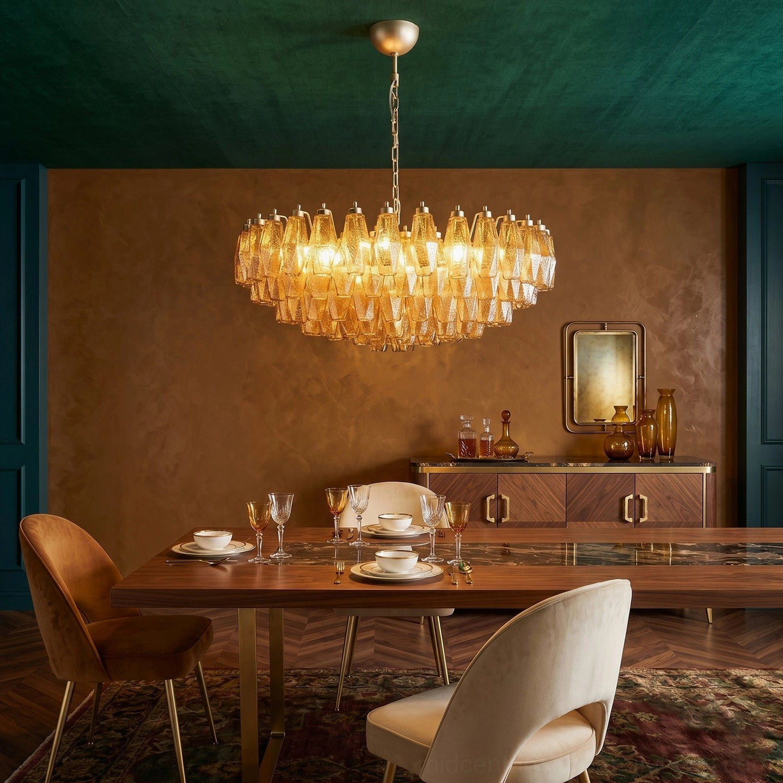 Hand-blown murano glass chandelier hanging in formal dining room with warm vintage luxury decor