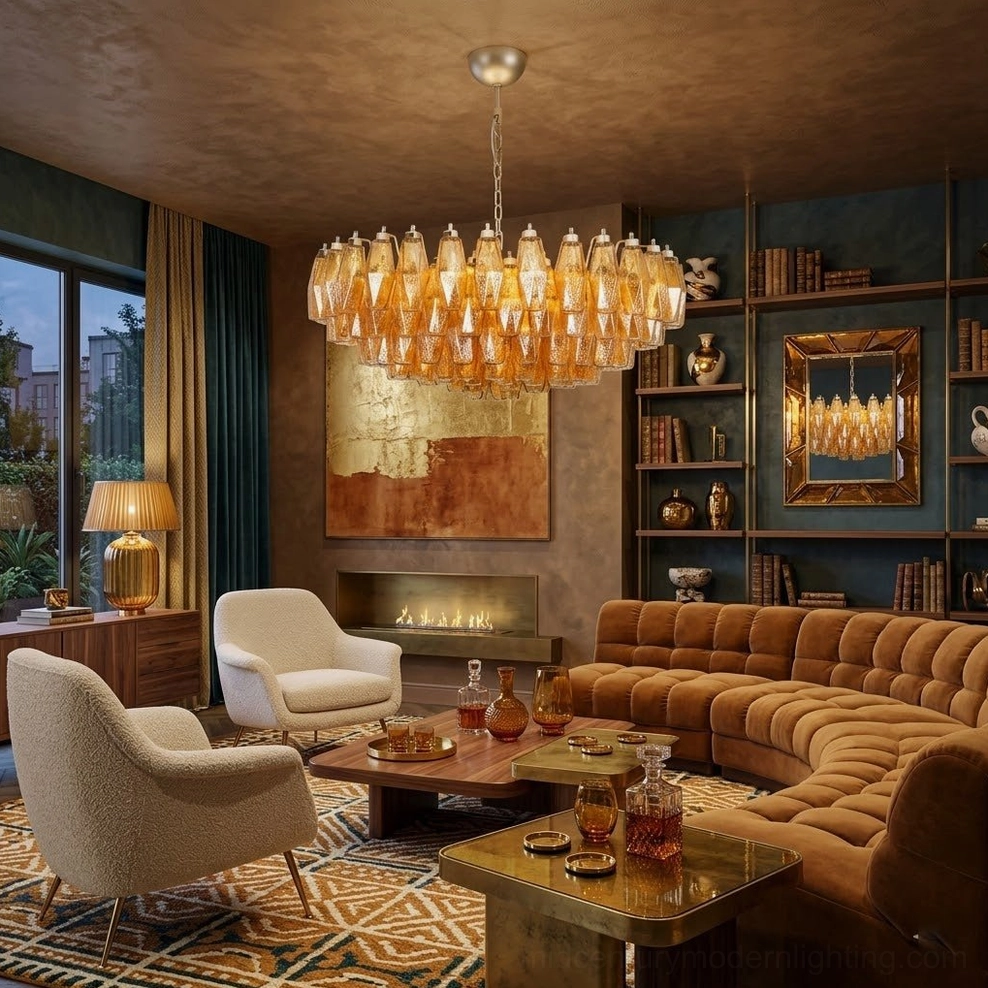 Murano glass chandelier overhead in warm luxury living room with built-in bookshelves and tufted sectional