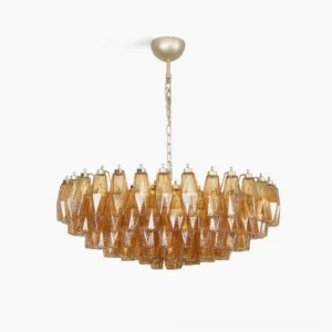 Rhombus Murano Chandelier - hand-blown amber glass with 141 geometric rhombi suspended from metal frame, studio front view