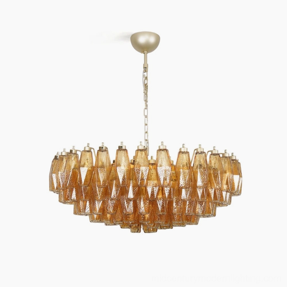 Rhombus Murano Chandelier - hand-blown amber glass with 141 geometric rhombi suspended from metal frame, studio front view