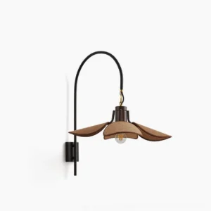 Riankh mid-century modern wall lamp with curved metal arm and brown fabric shade, front view on white background
