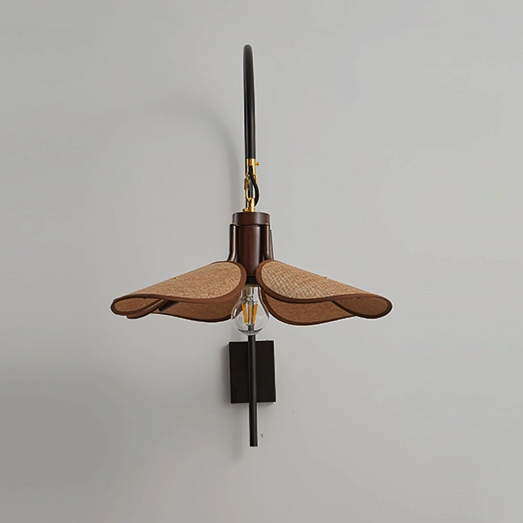 Mid-century wall lamp with curved metal arm and woven fabric shade, full product view