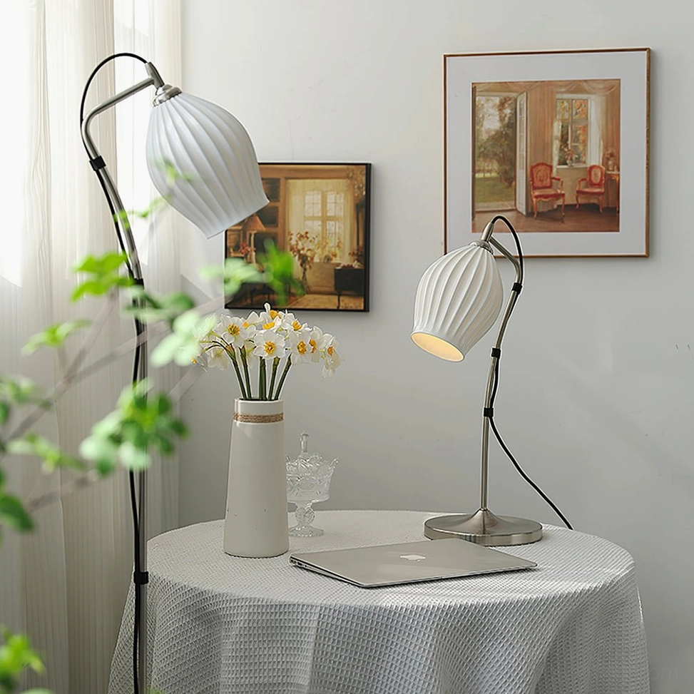 Ribbed ceramic table lamp detail shot showing vertical texture and organic molded pattern design