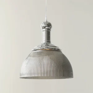 Ribbed chrome pendant light close-up showing detailed ceiling mounting cap and glass texture detail