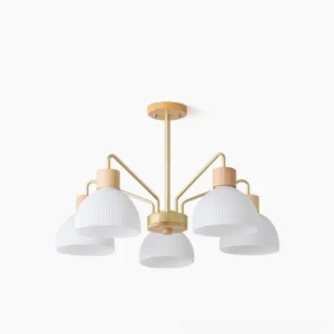 5-head ribbed glass chandelier with gold metal frame and pleated white glass shades, overhead studio view