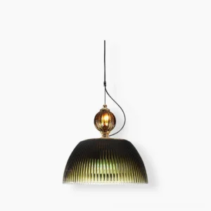 Vintage ribbed glass pendant lamp with forest green gradient dome shade on white background - mid-century modern hanging light fixture