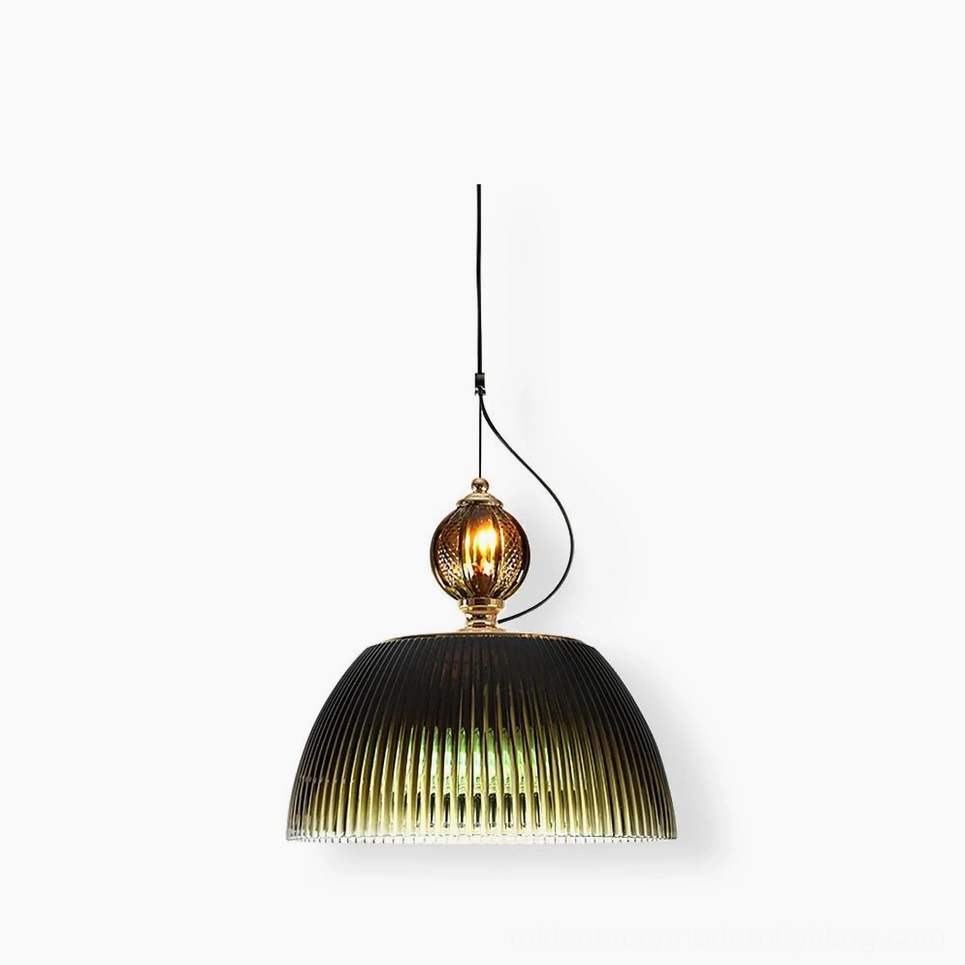 Vintage ribbed glass pendant lamp with forest green gradient dome shade on white background - mid-century modern hanging light fixture