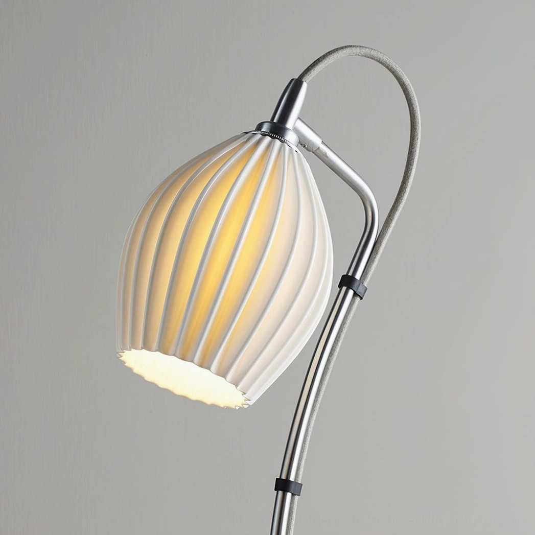 Ribbed ceramic table lamp with brushed gold metal base finish, mid-century modern lighting fixture