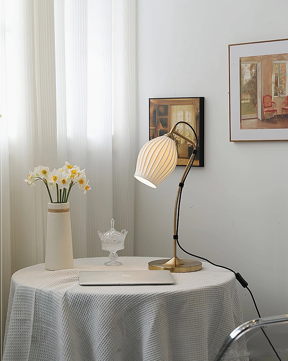 Ribbed ceramic table lamp detail view of ceramic shade ribbed vertical grooves and light diffusion