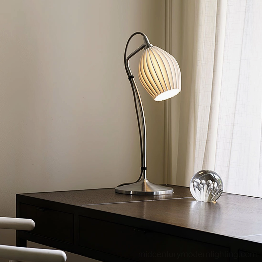 Silver ribbed ceramic table lamp in home study desk with crystal decorative orb styling