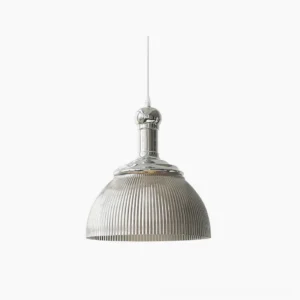 Ribbed smoke gray glass pendant lamp with polished chrome metal hardware, front view on white studio background