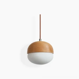Ribbed beech wood pendant lamp with frosted white glass shade, front view showing two-tone mid-century modern design