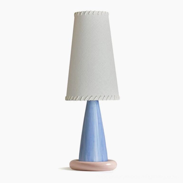 Ribbon table lamp Model B tall version showing extended 21.3 inch height with slender profile, blue ceramic base, and pink accents