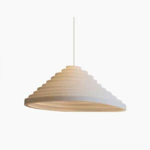 Rice Field Acoustic Tapered Pendant Lamp - White ribbed cone-shaped modern pendant light with sound-dampening design, front studio view
