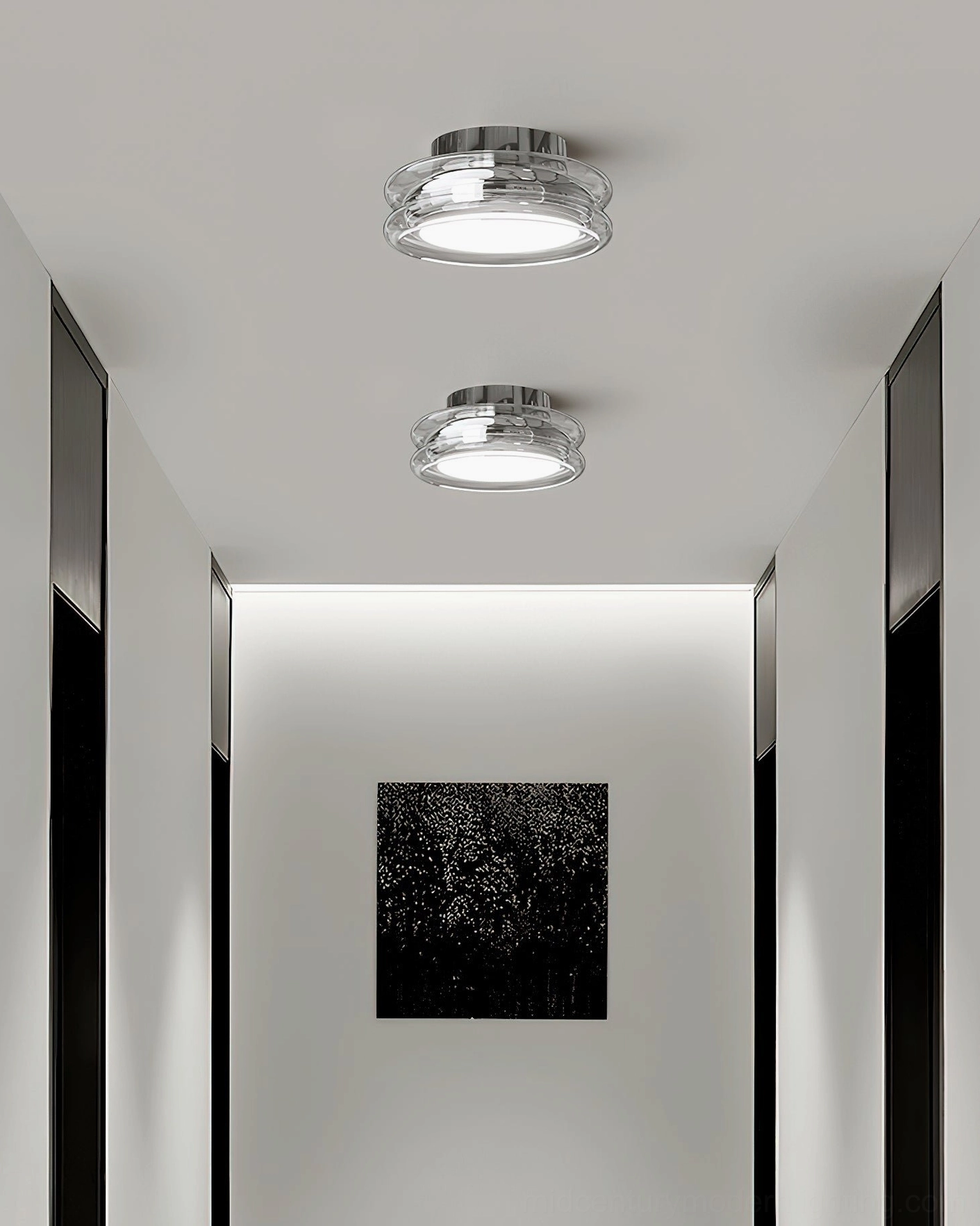Pair of Richard flush ceiling lamps in modern minimalist hallway entryway