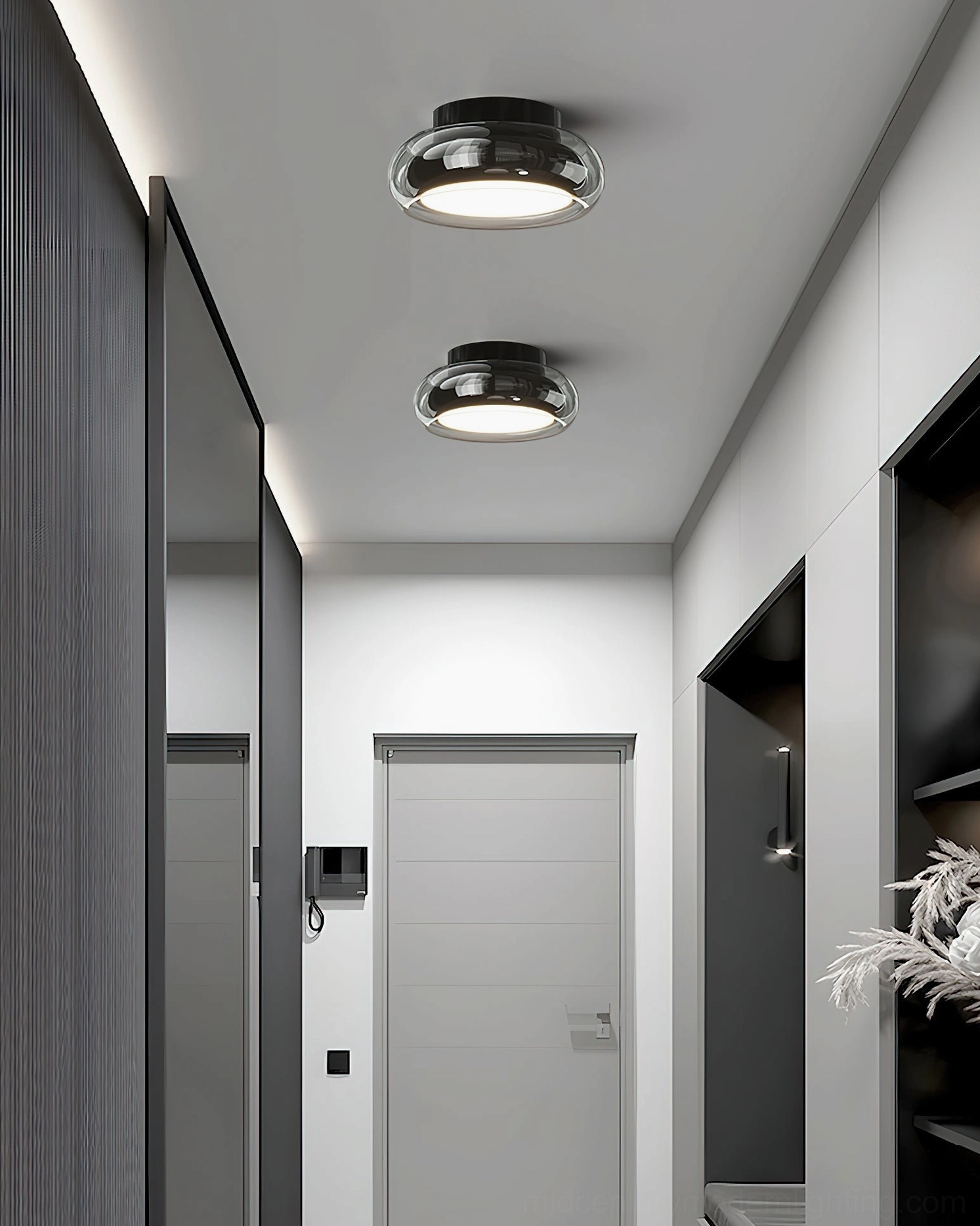 Two Richard ceiling lamps in luxury hallway with dark gray minimalist interior design
