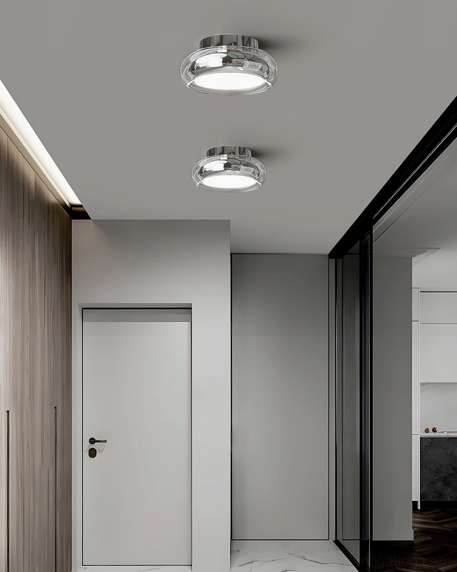 Twin Richard ceiling lamps installed in contemporary apartment entryway with neutral tones