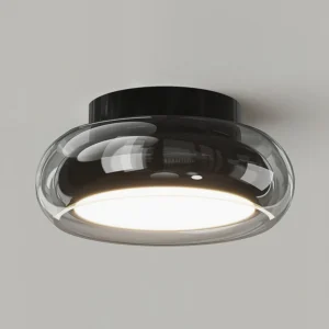 Smoke gray and black Richard ceiling lamp mounted on light wall with warm LED lighting detail