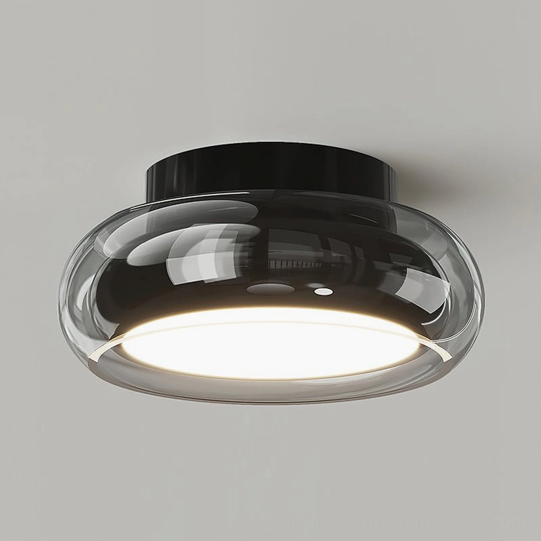 Smoke gray and black Richard ceiling lamp mounted on light wall with warm LED lighting detail
