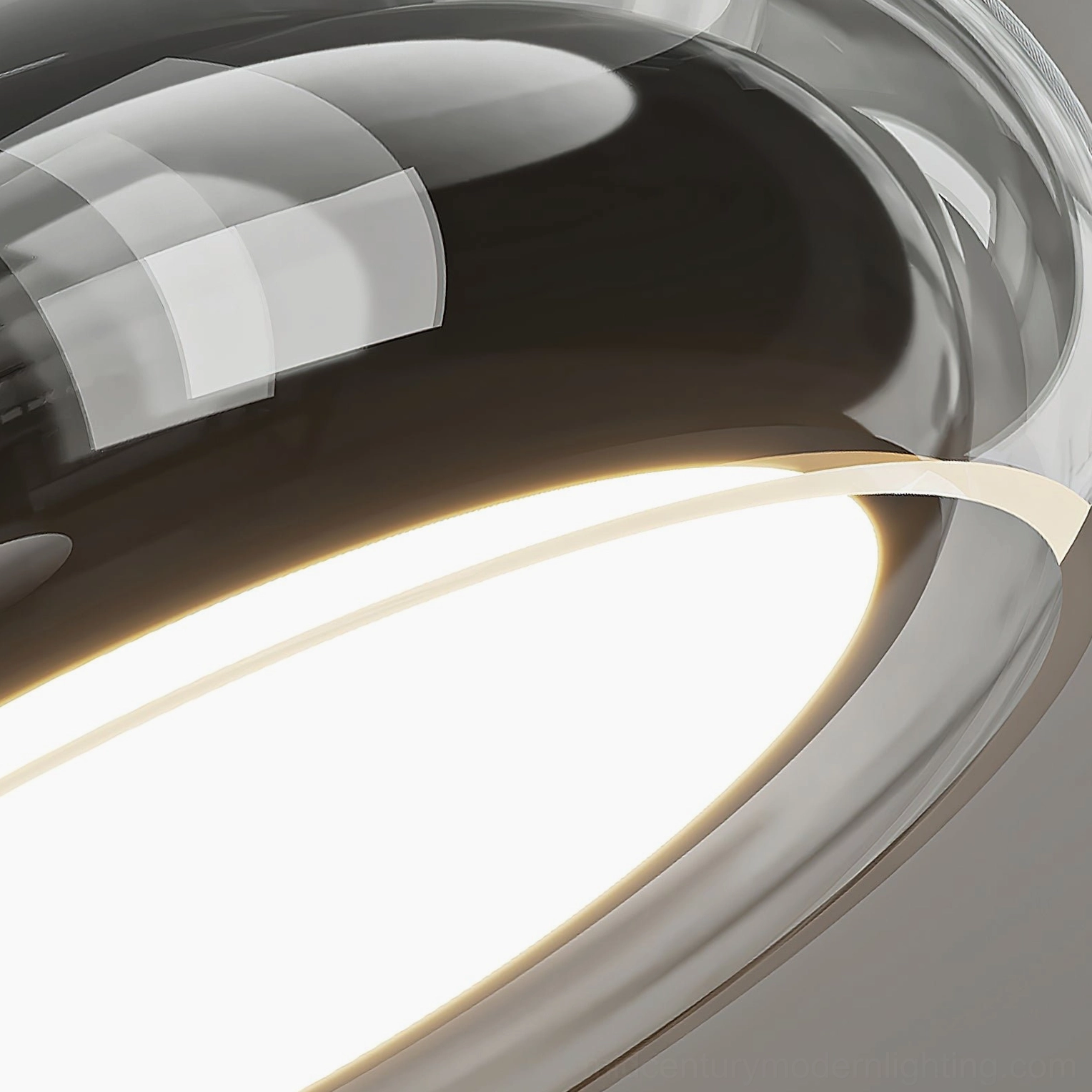 Close-up of Richard ceiling lamp smoked glass shade with curved design and warm LED light