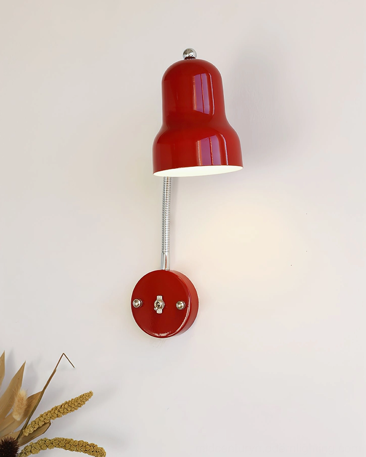 Richard red and chrome wall sconce lamp full view demonstrating adjustable gooseneck functionality