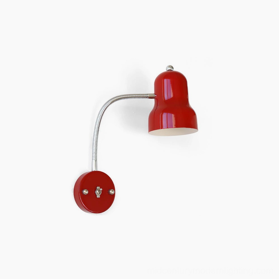 Richard red industrial wall lamp with flexible dual-joint gooseneck arm and polished chrome accents, studio oblique view