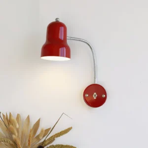 Red and chrome wall sconce lamp illuminated in home interior setting with botanical decor accents