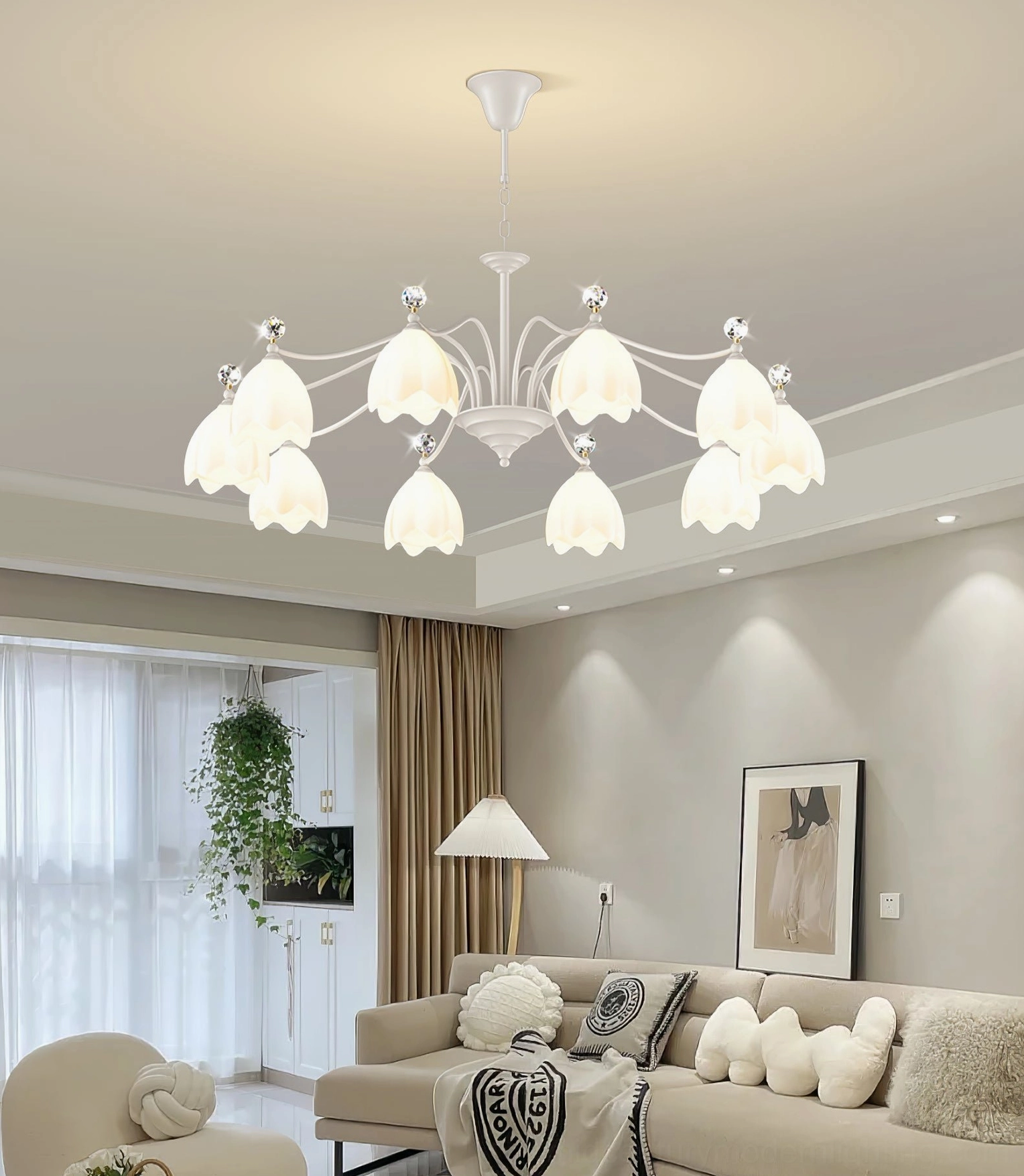 Ricko Chandelier 10-head configuration in elegant dining room setting with warm ambient lighting