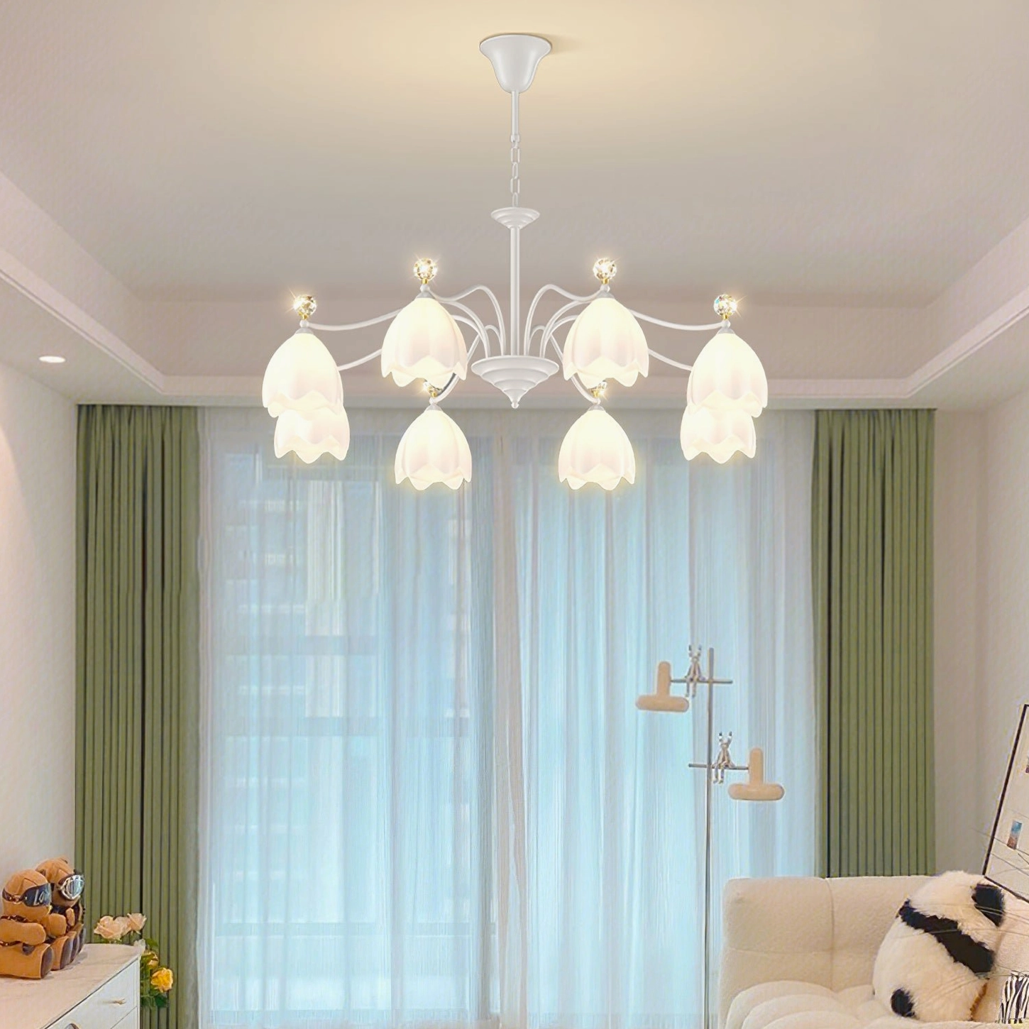 10-head Ricko Chandelier overhead view in French pastoral living room with green floor curtains