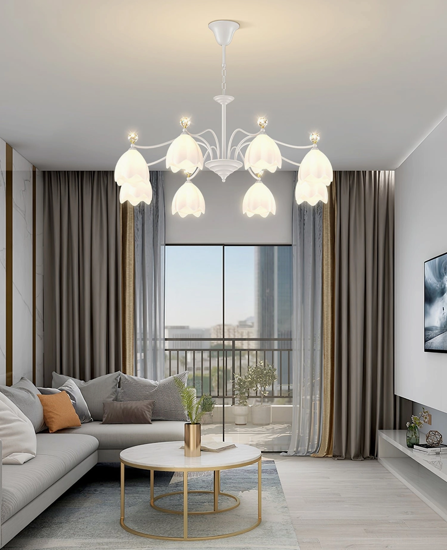 Ricko 10-head White Flower Chandelier in bright modern living room with floor-to-ceiling windows