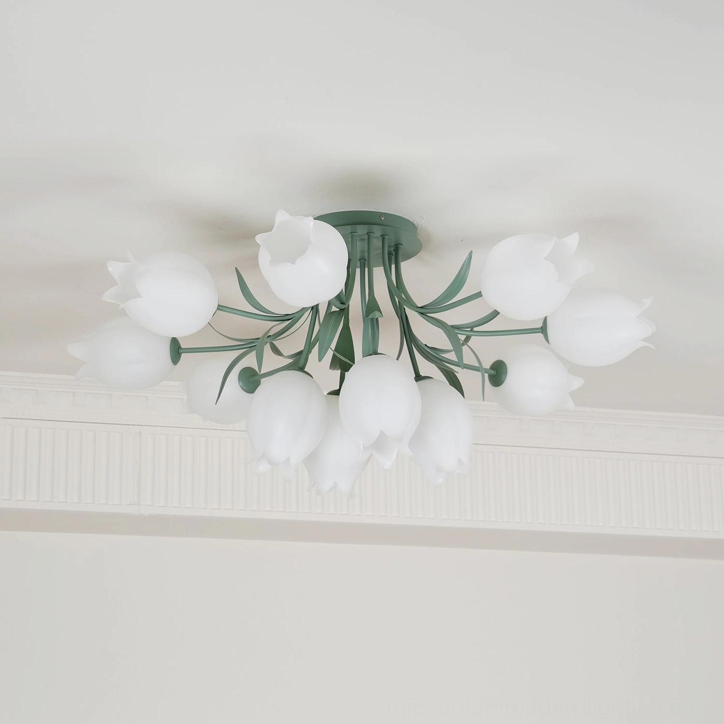 Ricko 12-head fixture white acrylic bell flowers close-up