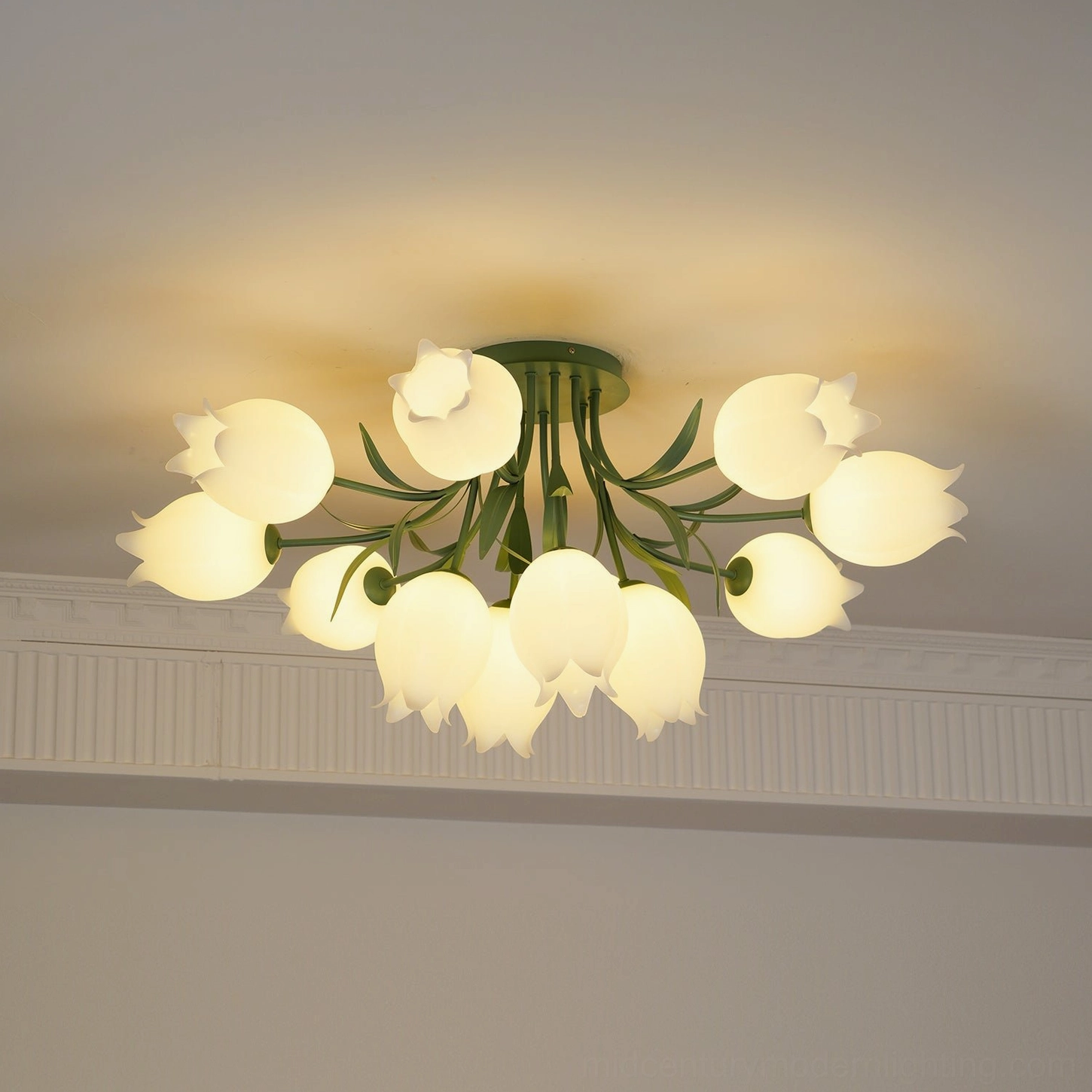 Ricko 12-head ceiling light metal leaf structure angle view