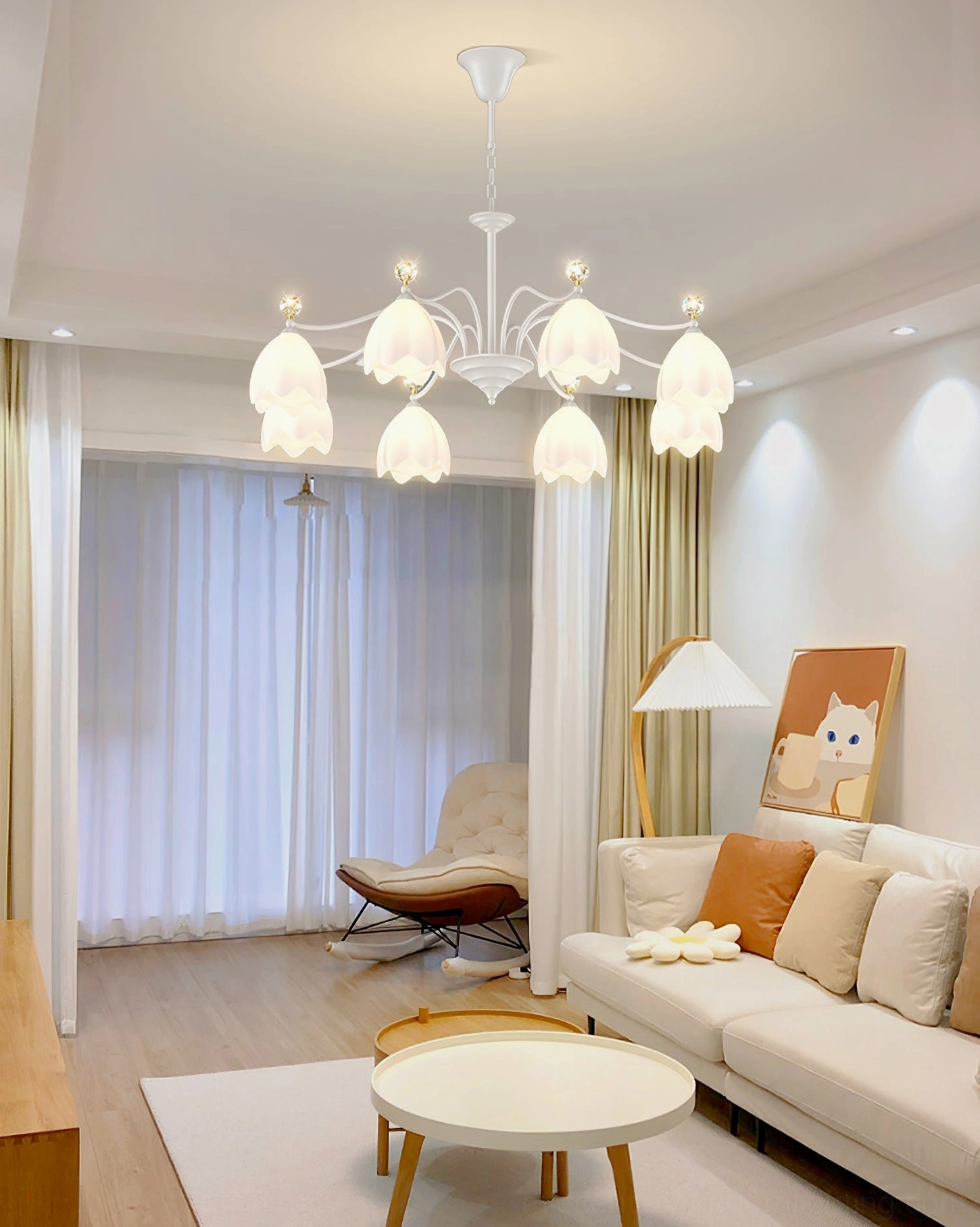8-head Ricko Flower Chandelier in cozy warm-toned living room, minimalist pastoral interior design