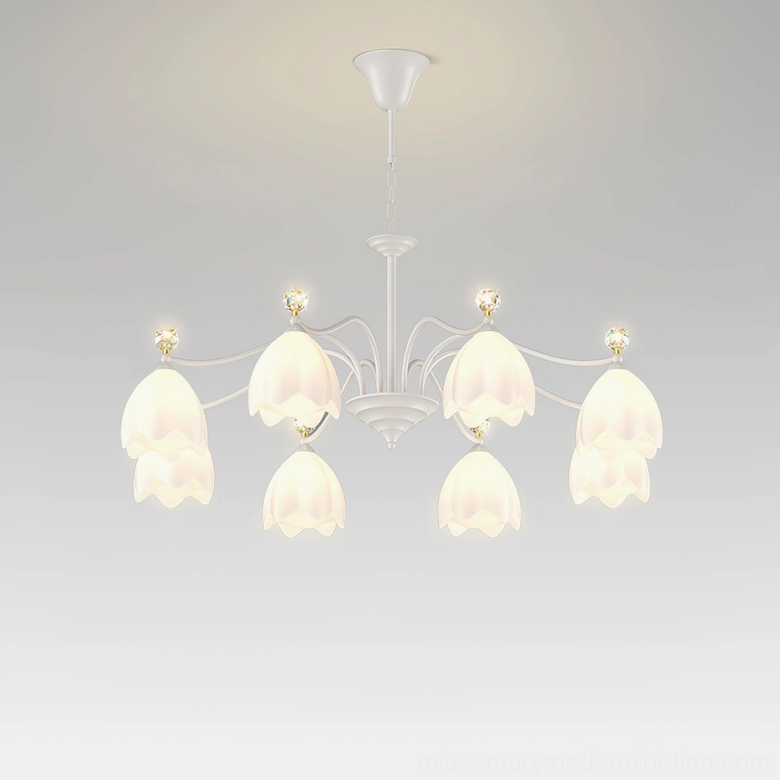 8-head Ricko Chandelier elegant minimalist design with white frosted shades, front view